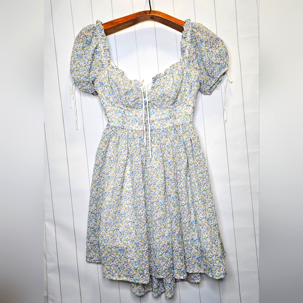 ASOS Love Triangle milk maid mini dress with open back in blue ditsy - Picture 1 of 11